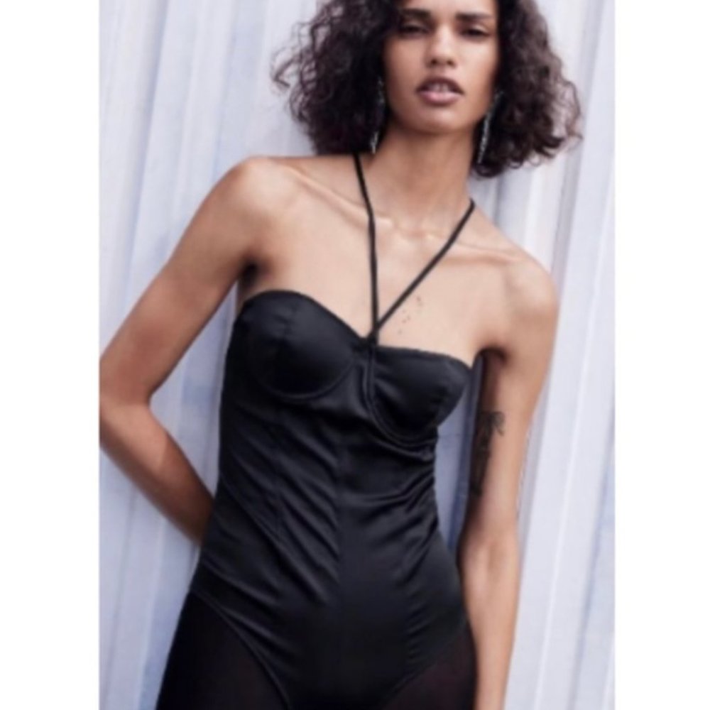 NWT Zara Black Satin Effect Bustier Strappy Bodysuit